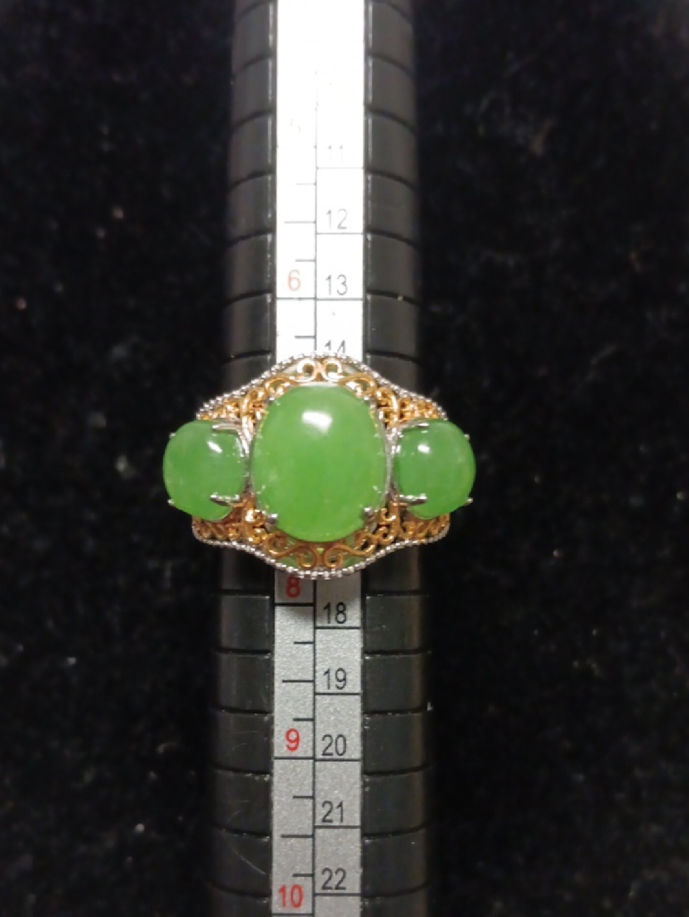 Green Jade (D) 8.70 ctw 3 Stone Ring in 18K Vermeil YG and Rhodium Over Sterling
